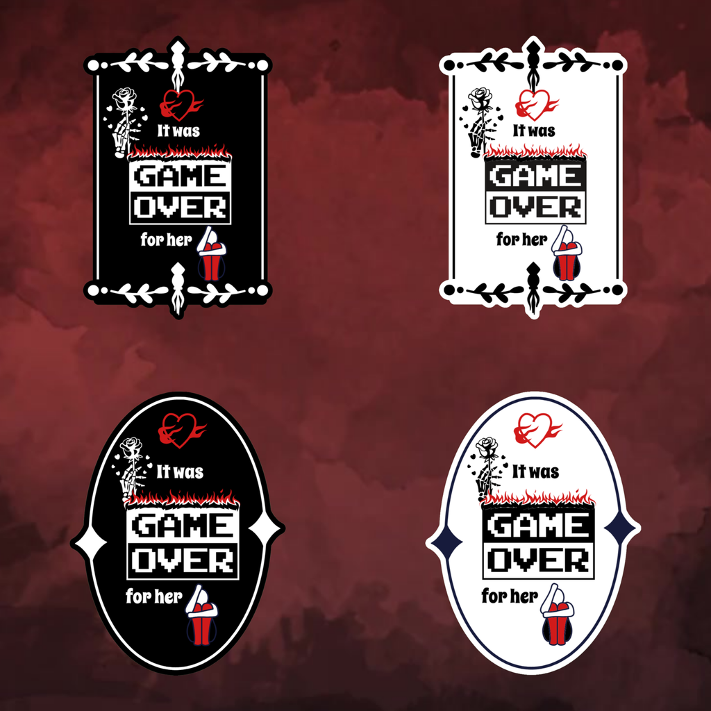 A video slideshow of the “Game Over” quote sticker from book two in a black‑white‑red design in square and circle, black and white options.