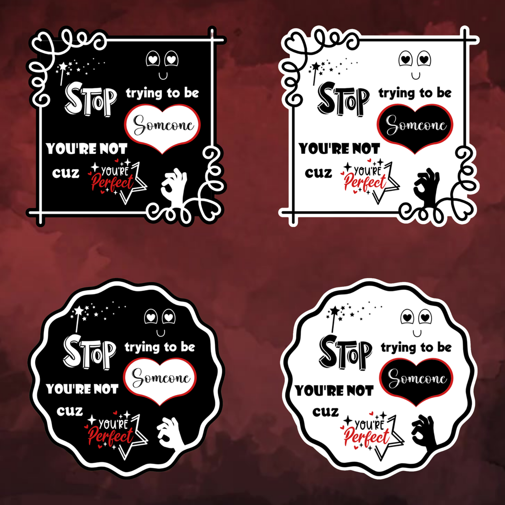 A video slideshow of the “Perfect” quote sticker from book two in a black‑white‑red design in square and circle, black and white options.