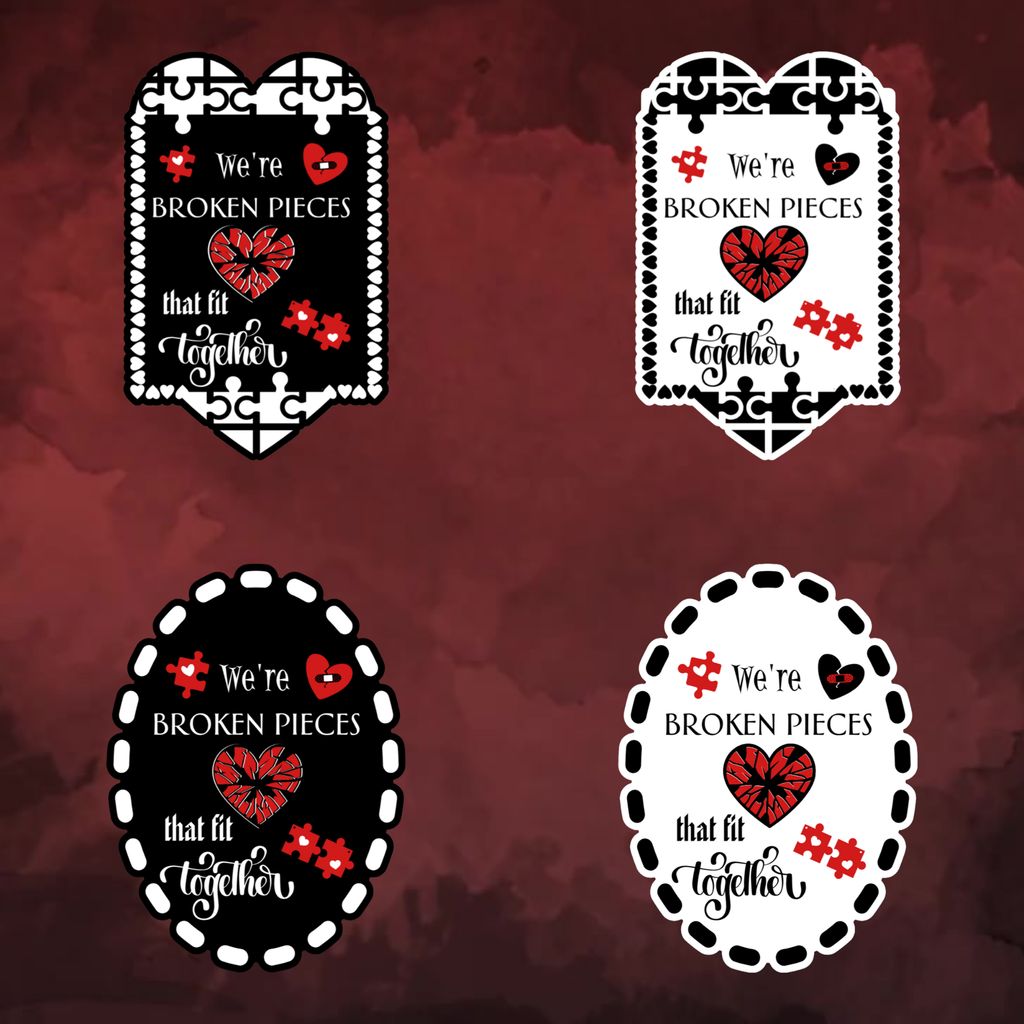 A video slideshow of the "Pieces” quote sticker from book two in a black‑white‑red design in square and circle, black and white options.