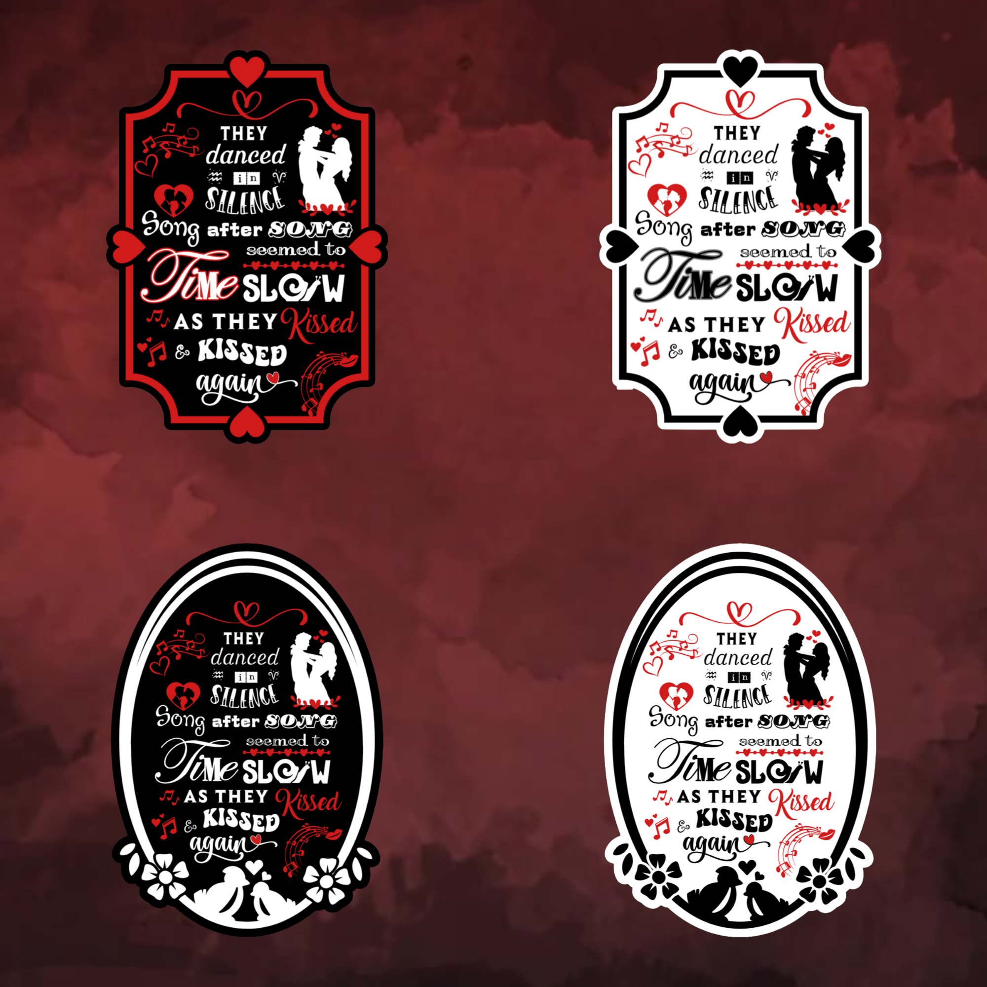 A video slideshow of the “Silence" quote sticker from book two in a black‑white‑red design in square and circle, black and white options.