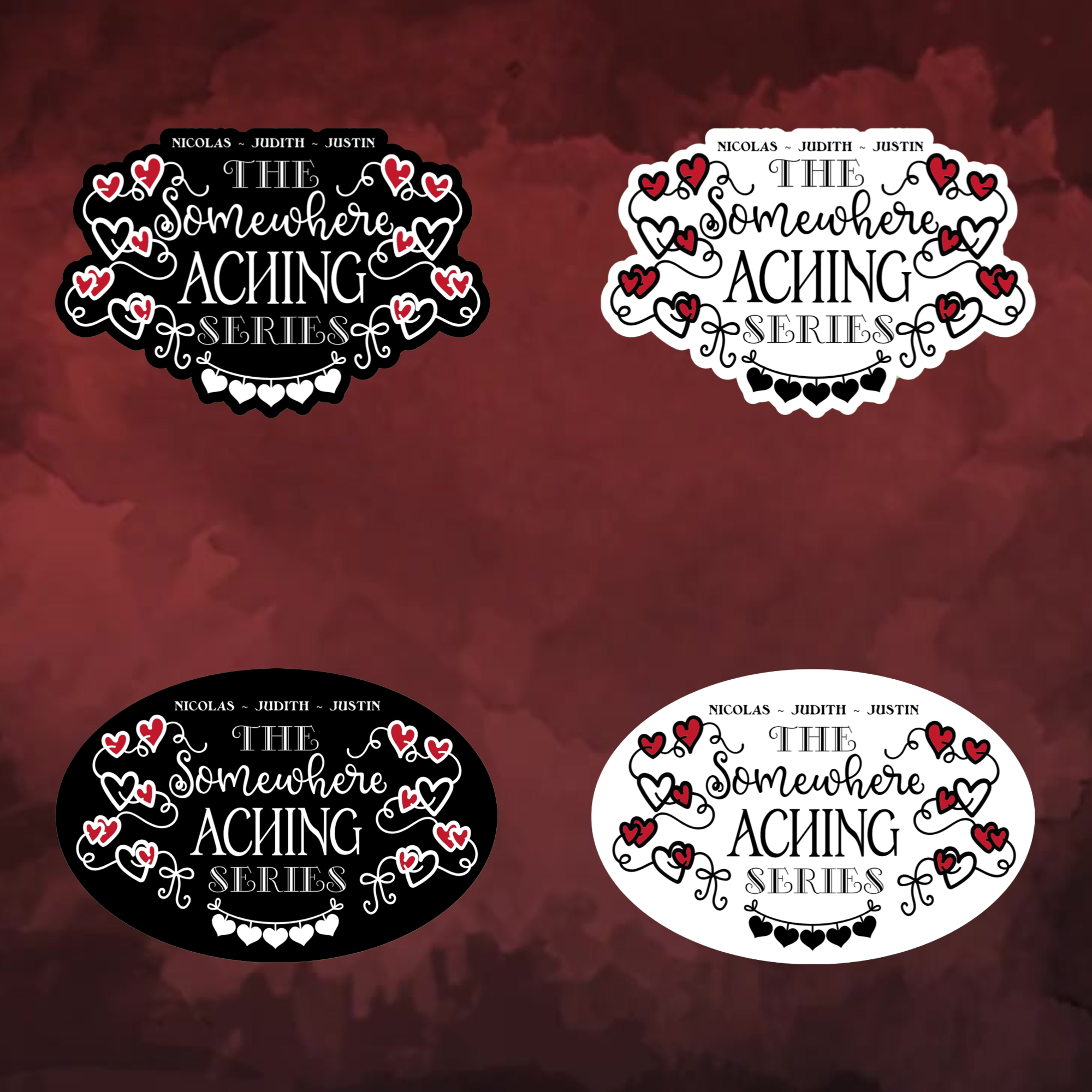 A video slideshow of the “Series Theme with names” quote sticker from book one in a black‑white‑red design in bubble and oval, black and white options.