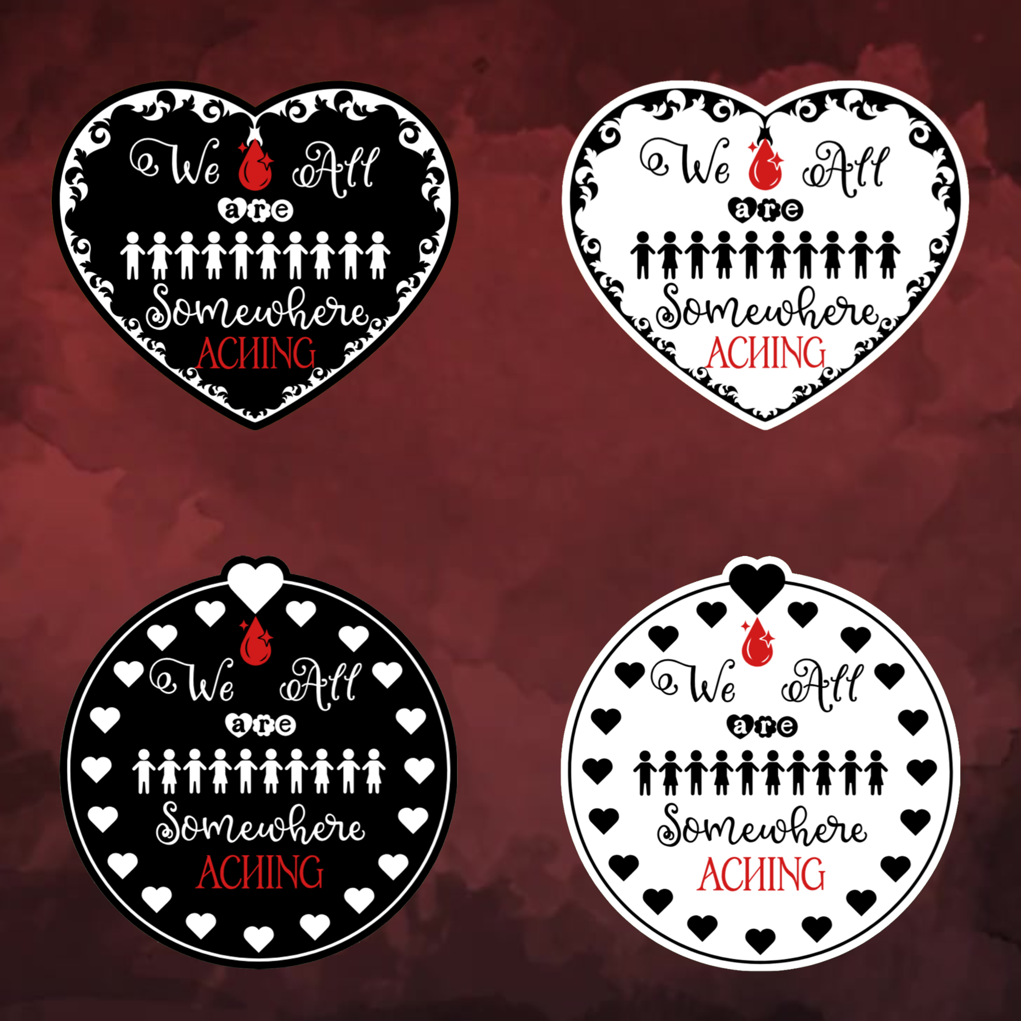 A video slideshow of the “We Are All Somewhere Aching” series sticker from book one in a black‑white‑red design in square and circle, black and white options.