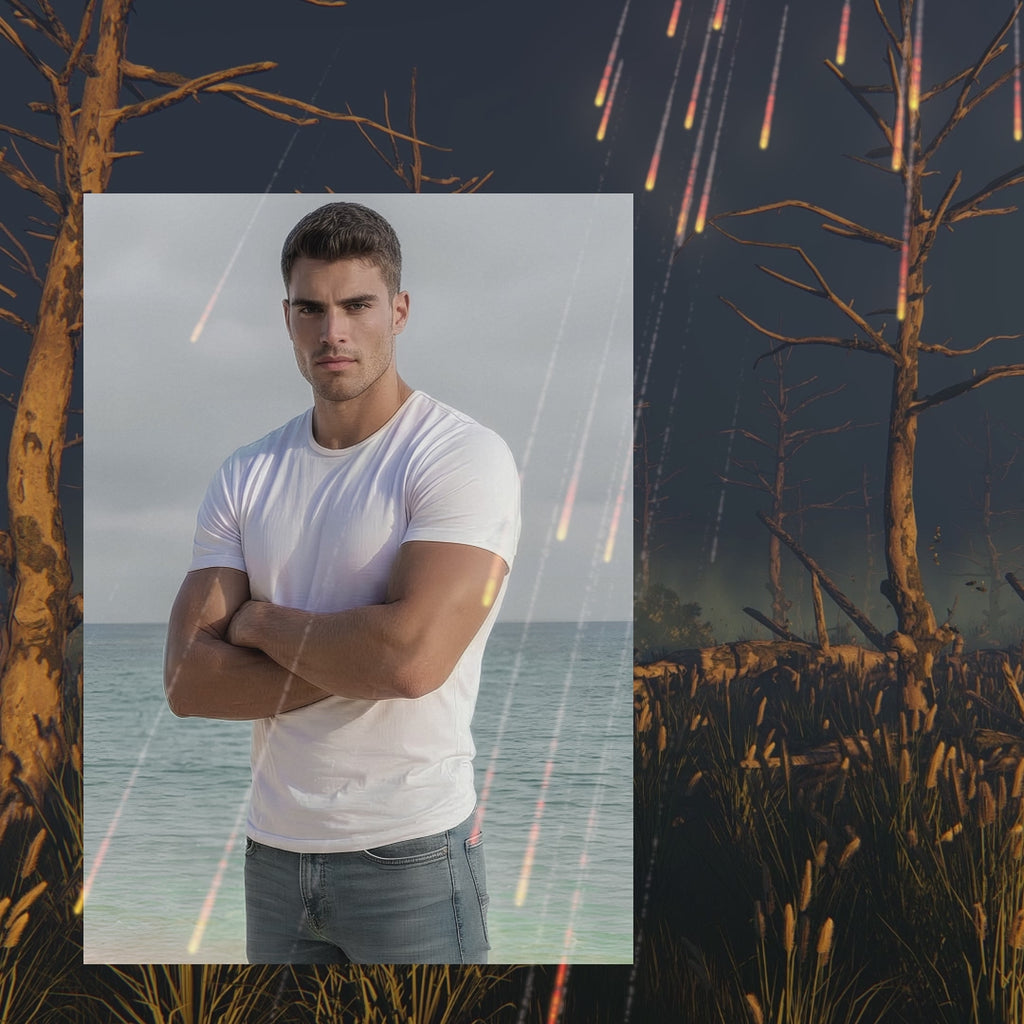 A video showing a photo of Justin staring intensely at the camera with his arms folded, wearing a fitted white t-shirt and faded jeans standing in front of the ocean. The photo appears over a barren forest glowing in the twilight while a meteor shower falls from the sky.