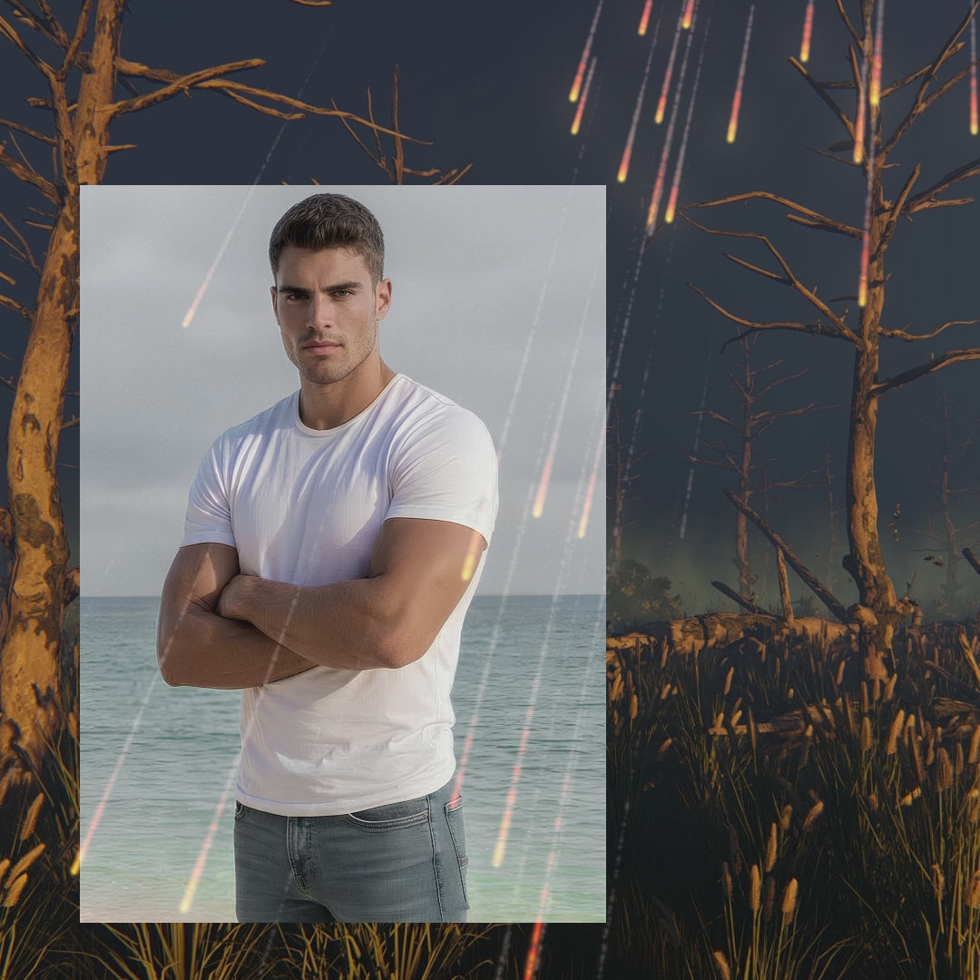 A video showing a photo of Justin staring intensely at the camera with his arms folded, wearing a fitted white t-shirt and faded jeans standing in front of the ocean. The photo appears over a barren forest glowing in the twilight while a meteor shower falls from the sky.