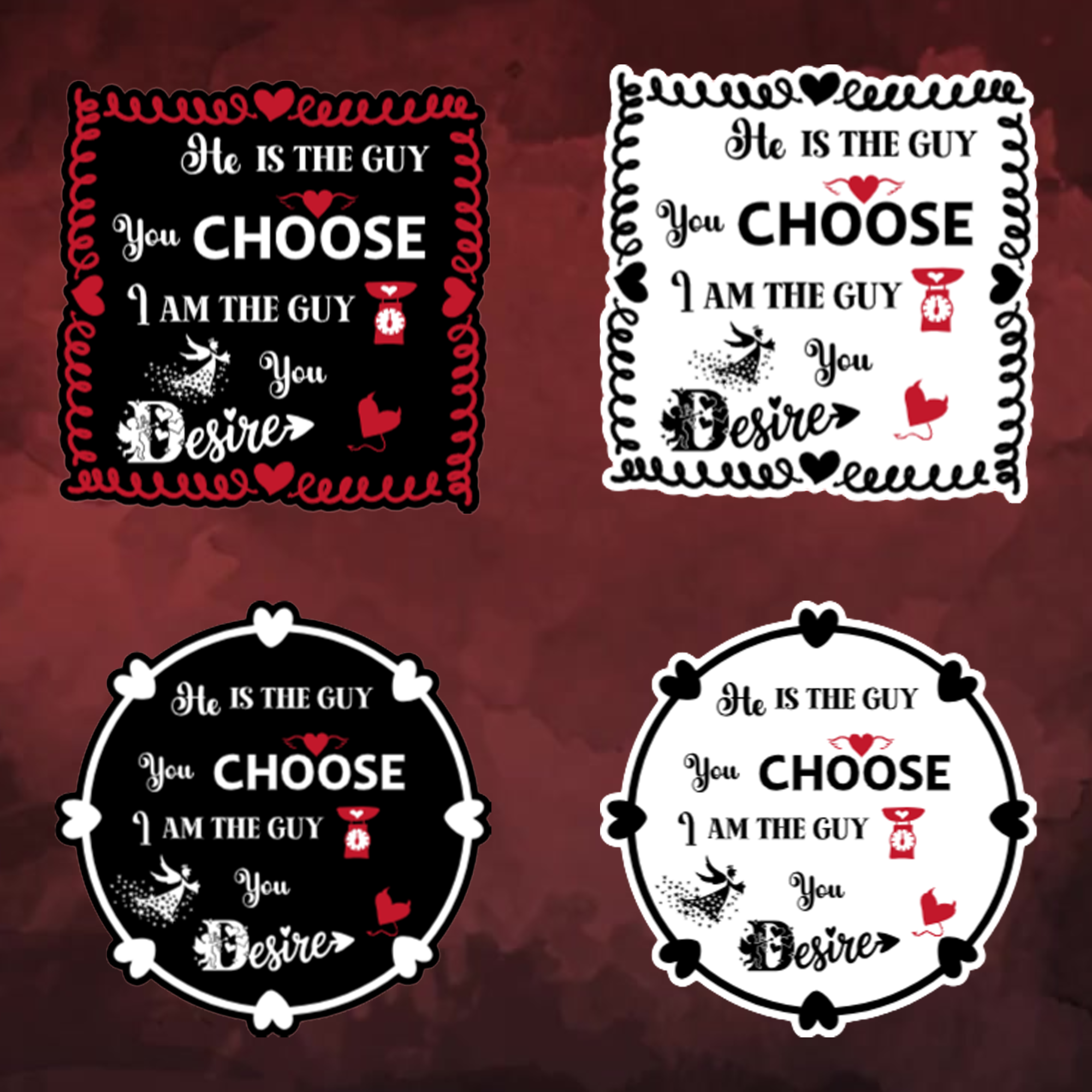 A video slideshow of the “Desire” quote sticker from book two in a black‑white‑red design in square and circle, black and white options.