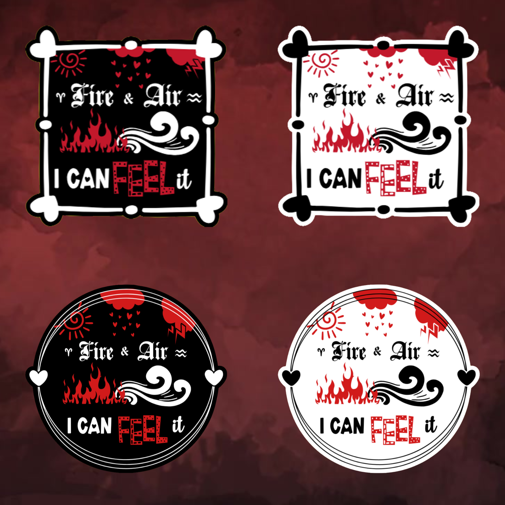 A video slideshow of the “Fire and Air” quote sticker from book one in a black‑white‑red design in square and circle, black and white options.