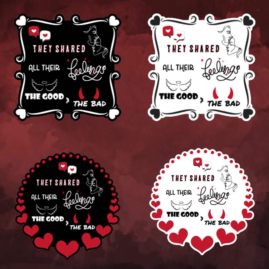 A video slideshow of the “Feelings” quote sticker from book three in a black‑white‑red design in square and circle, black and white options.
