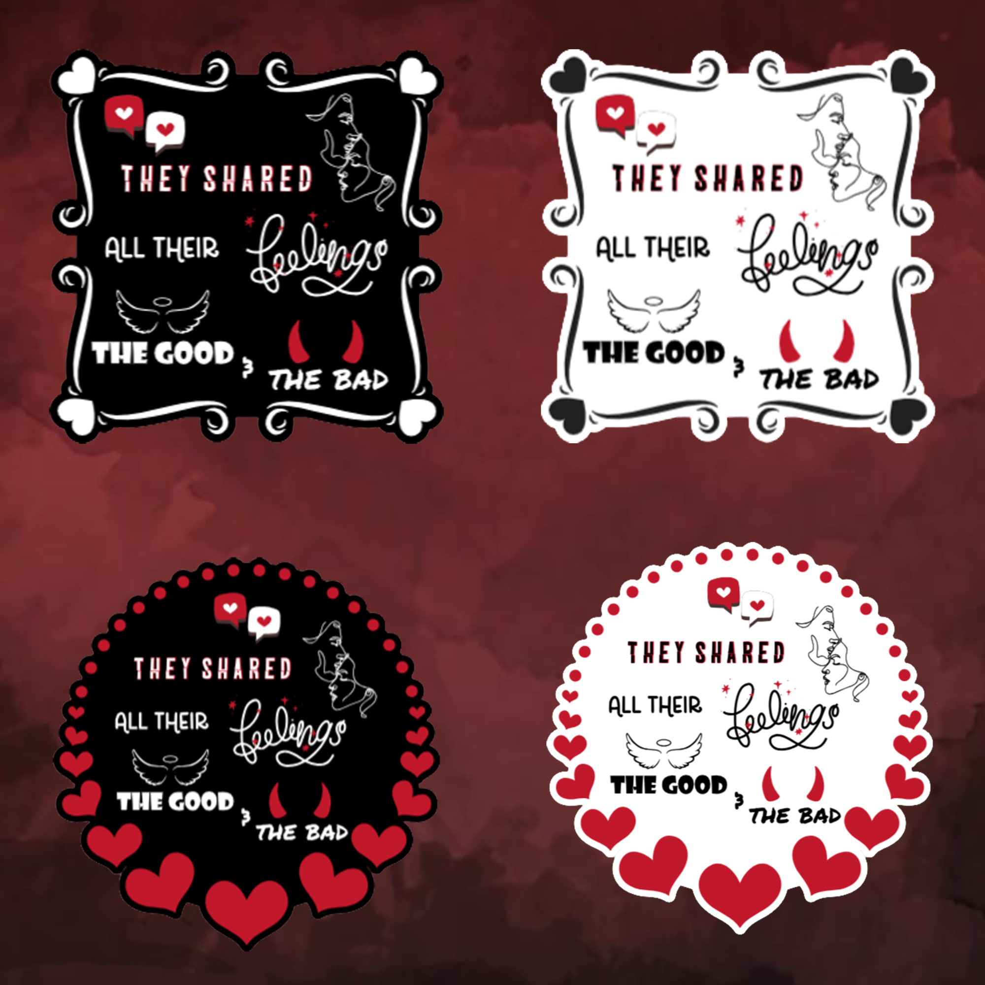 A video slideshow of the “Feelings” quote sticker from book three in a black‑white‑red design in square and circle, black and white options.