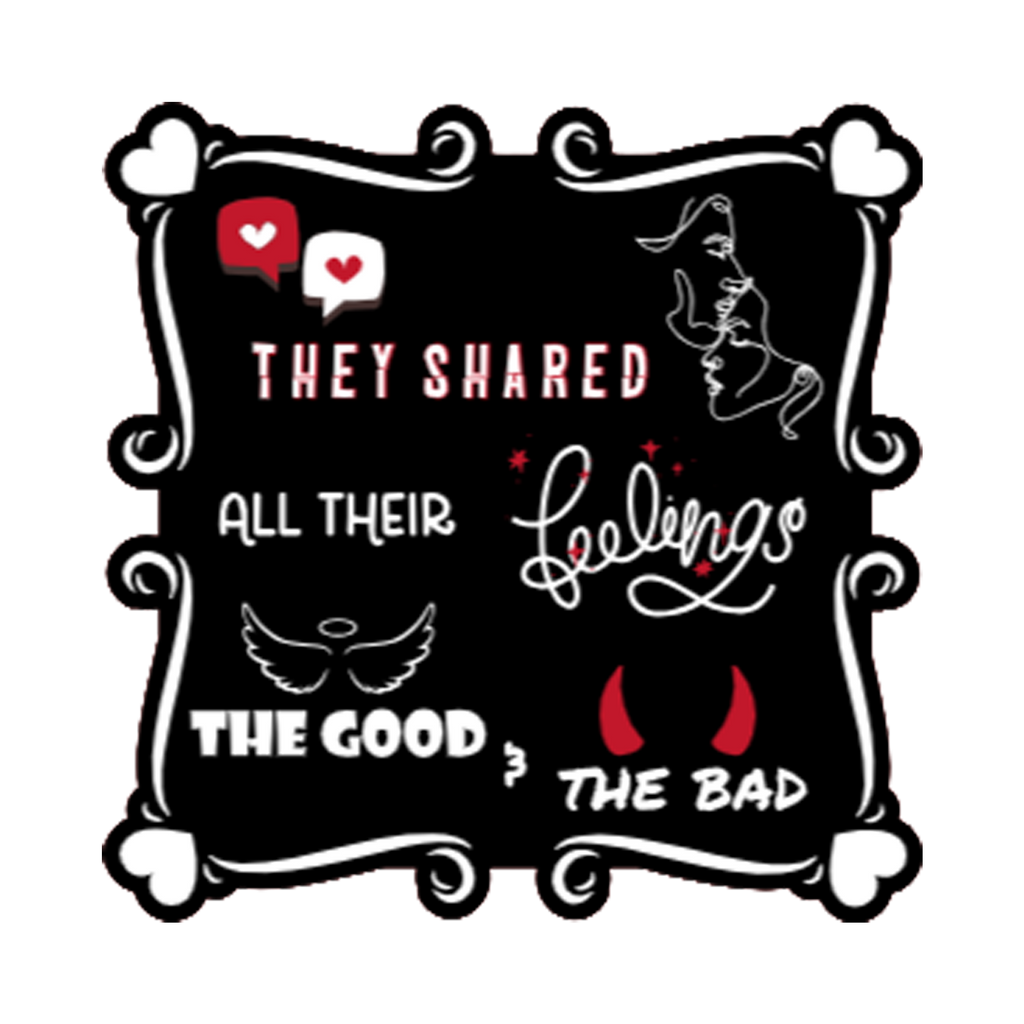 A 3x3 vinyl, glossy, black square sticker features the “Feelings” quote from book three in a black‑white‑red design.    