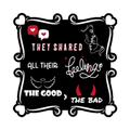 A 3x3 vinyl, glossy, black square sticker features the “Feelings” quote from book three in a black‑white‑red design.    