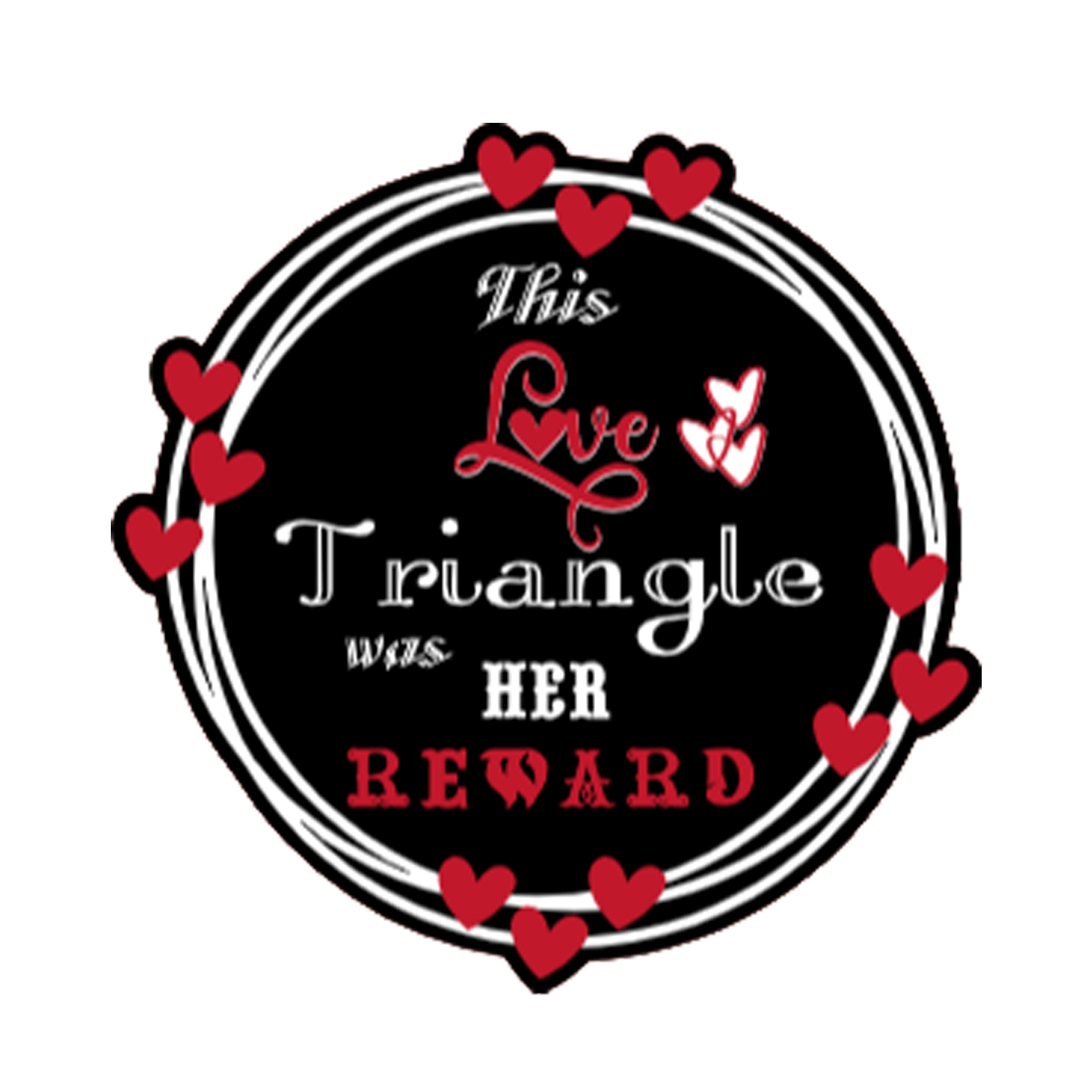 A 3x3 glossy vinyl black circle sticker features the “Triangle” quote from book two in a black‑white‑red design.