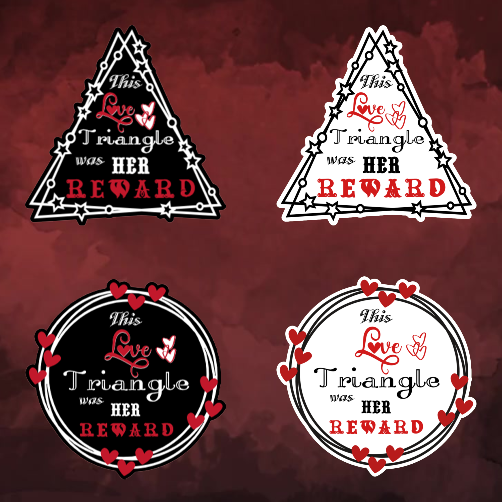 A video slideshow of the “Triangle” quote sticker from book two in a black‑white‑red design in triangle and circle, black and white options.